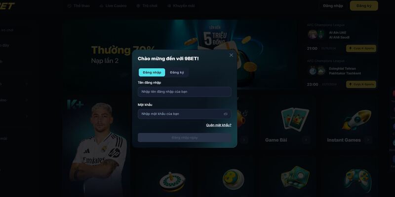 Biểu mẫu đăng nhập 9Bet trên trang web chính thức